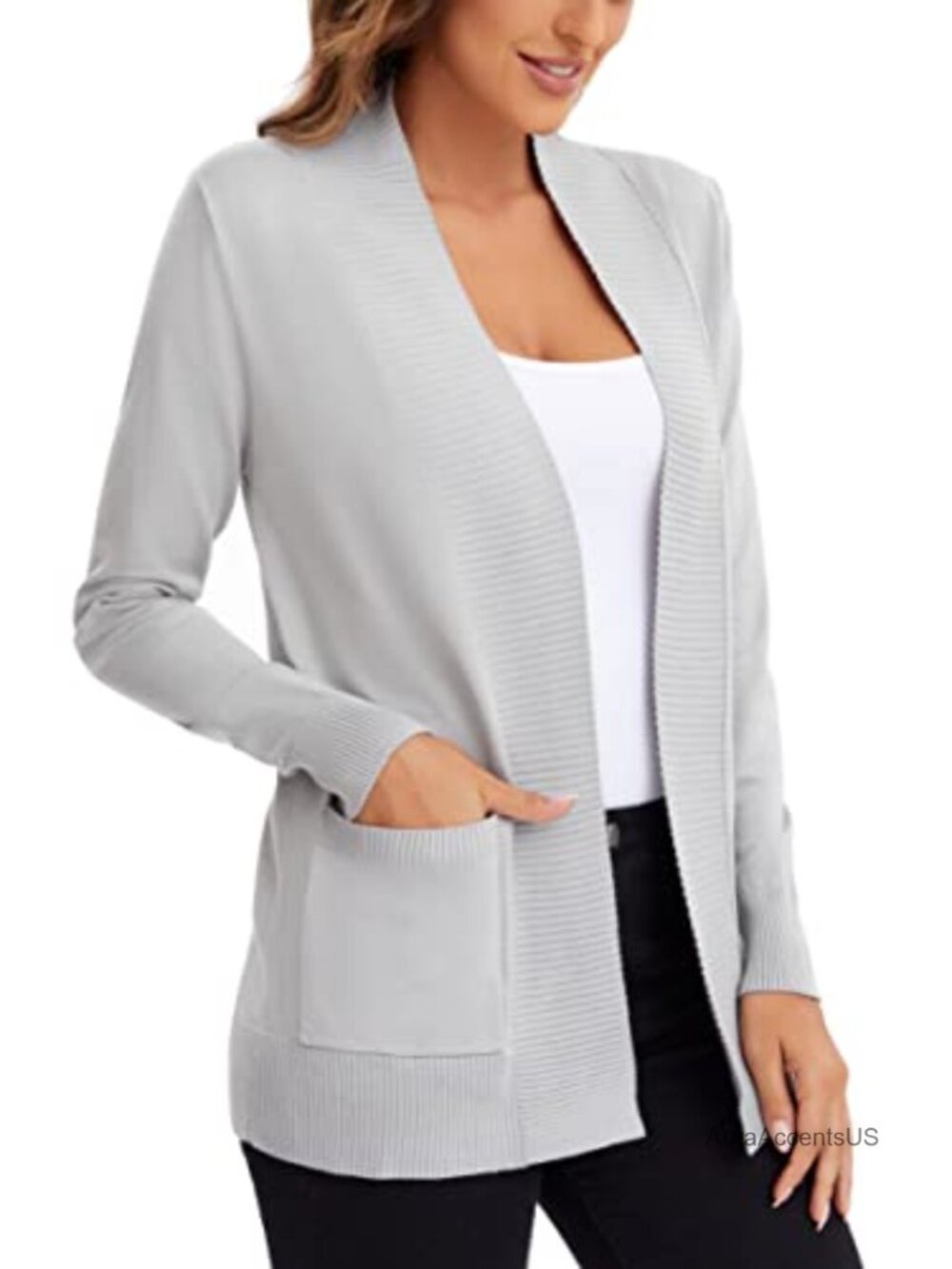Lightweight Open Front Knit Cardigan Long Sleeve with Pocket - Picture 3 of 6